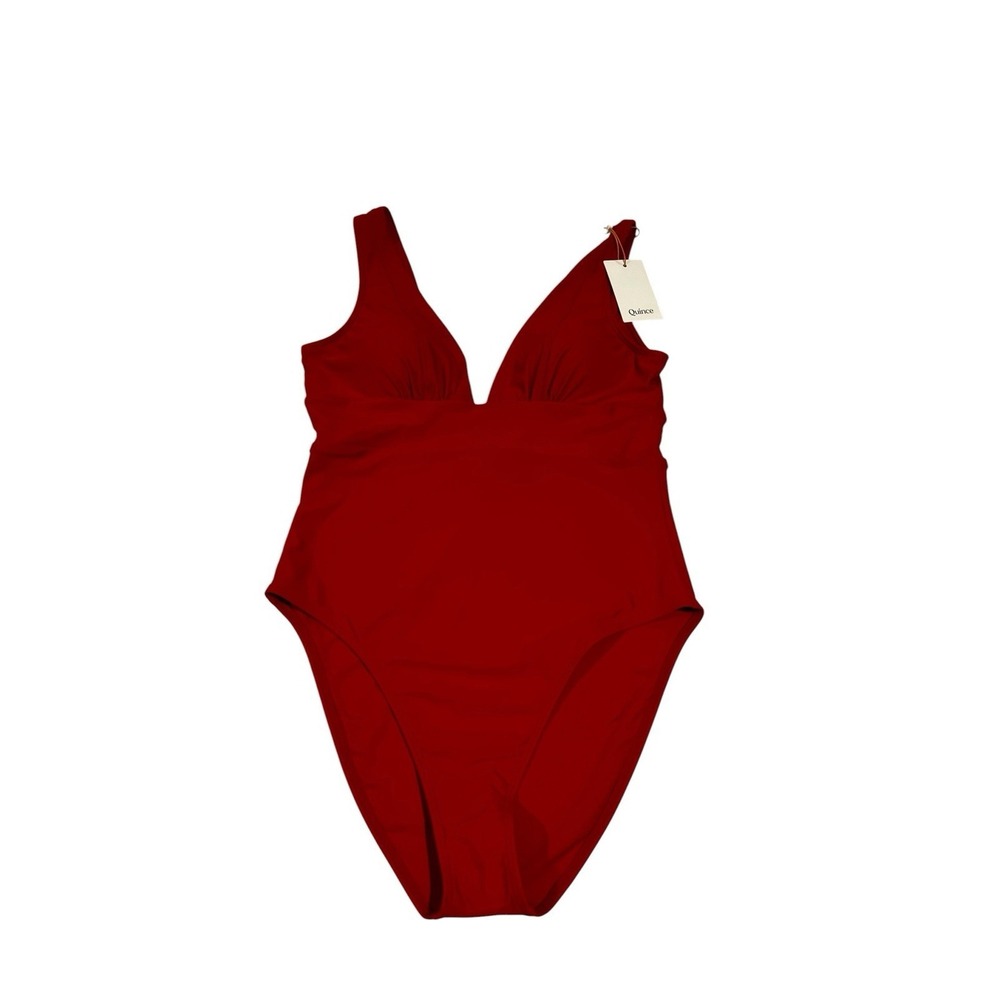 Quince Italian Plunge One Piece Swimsuit Women's Size L Red Quiet Luxury‎ NWT